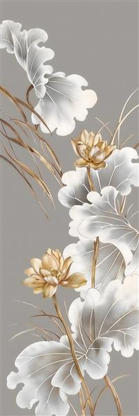 پوستر دیواری عمودی گل لوتوس طلایی و سفید با سبک نقاشی چینی برای دکوراسیون راهرو و ستون و چاپ روی پرده‌های پانچی