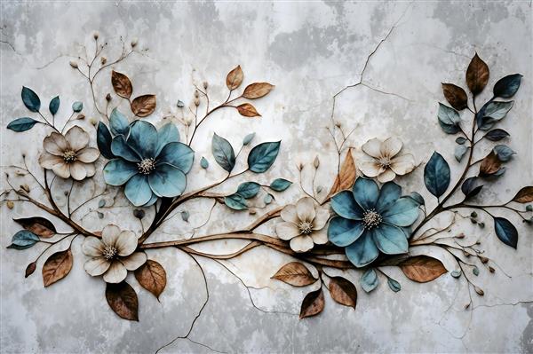 تصویر باکیفیت گل‌های فیروزه‌ای و قهوه‌ای روی دیواره سیمانی قدیمی برای پوستر دیواری مدرن اتاق خواب و چاپ روی دفترچه و کلاسور