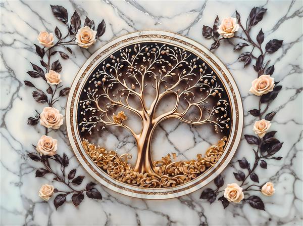 طرح تابلوی دکوراتیور درخت زندگی طلایی در قاب دایره‌ای روی سنگ مرمر ویژه لابی هتل و دفتر کار و تولید کوسن و ساعت دیواری