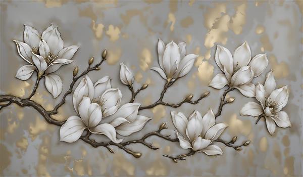 پوستر دیواری لاکچری گل‌های مگنولیا سفید و طلا با بافت برجسته مناسب برای پذیرایی و تالار مجالس و چاپ روی پرده و روتختی