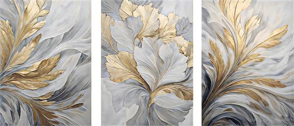 تابلوی دکوراتیو سه تکه با طرح برگ‌های پر مانند طلایی و خاکستری مناسب پوستر دیواری عریض هتل‌ها و فضاهای اداری
