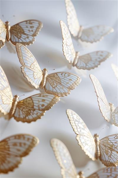 والپیپر پروانه‌های توری طلایی و سفید با جزئیات ظریف مناسب برای پوستر دیواری اتاق خواب، پرده چاپی و کاور نوت‌بوک