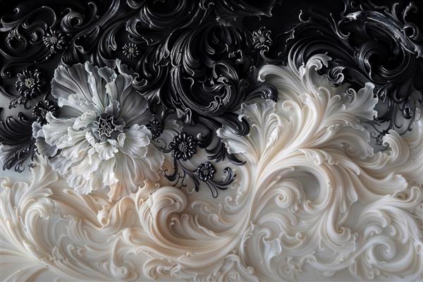 طرح کلاسیک سیاه و سفید با نقش گل‌های درشت برجسته ویژه پوستر دیواری لاکچری تالار پذیرایی و لابی مجتمع‌های مسکونی