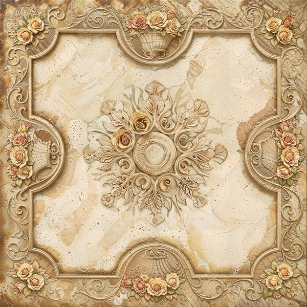 طرح گچ‌بری کلاسیک و سنتی با نقش گل رز برای سقف و دیوار جهت چاپ پوستر دیواری سه بعدی و پانل‌های تزئینی تالارها