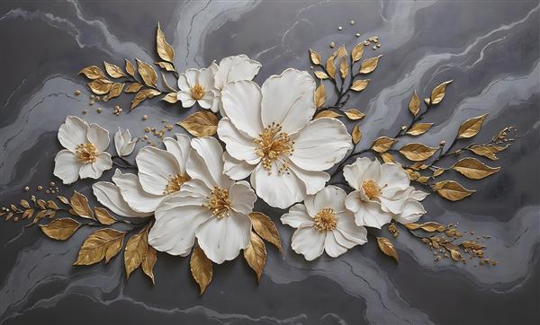 طرح نقاشی رنگ روغن گل‌های سفید و برگ‌های طلایی در زمینه سنگی طوسی برای پوستر دیواری عریض، تابلو دکوراتیو و روتختی