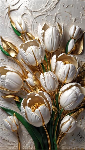 پوستر سه بعدی گل‌های لاله سفید با ساقه طلایی و برگ سبز ویژه دیوارپوش تالار پذیرایی، هتل و پشت تخت خواب