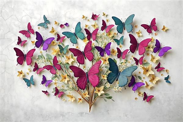 تصویر هنری پروانه‌های رنگارنگ و شکوفه‌های بهاری روی دیوار بتنی مناسب برای پوستر دیواری اتاق کودک و مهدکودک و چاپ روی دفترچه