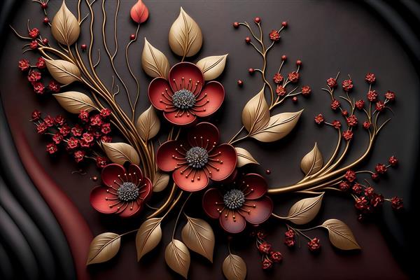 طرح برجسته گل‌های زرشکی و برگ‌های برنزی روی زمینه مشکی برای چاپ پوستر دیواری لوکس، قاب دکوراتیو و روتختی بزرگسال