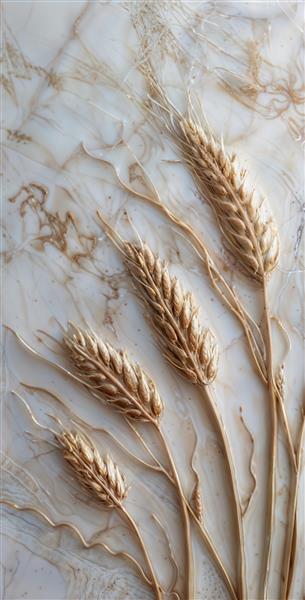 پوستر دیواری طرح خوشه‌های گندم طلایی روی سنگ مرمر روشن مناسب برای پشت میز کنفرانس و سالن غذاخوری جهت استفاده به عنوان دیوارپوش و پرده
