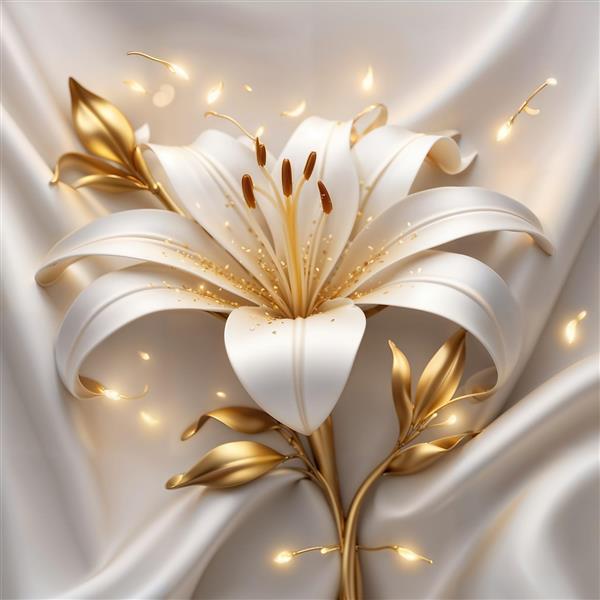 تصویر باکیفیت گل نیلوفر سفید و طلایی روی پس‌زمینه پارچه ساتن برای پوستر دیواری سه بعدی، روتختی عروس و کوسن‌های فانتزی