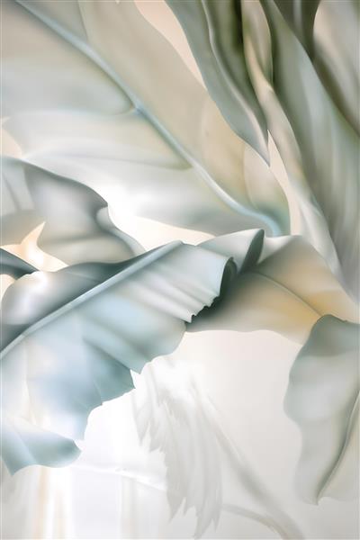 پوستر دیواری انتزاعی برگ‌های غول‌پیکر با تناژ سبز ملایم و کرم مناسب برای دکوراسیون سالن پذیرایی و لابی هتل به صورت دیوارپوش سه بعدی و پرده چاپی