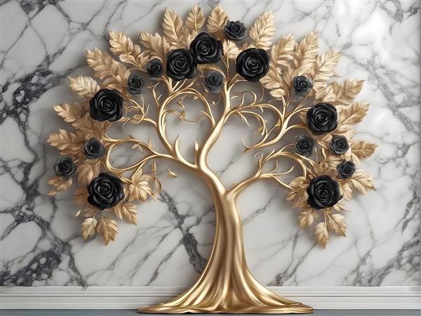طرح هنری درخت با رزهای مشکی و برگ‌های طلایی روی پس‌زمینه مرمر مناسب دفتر کار و آرایشگاه زنانه