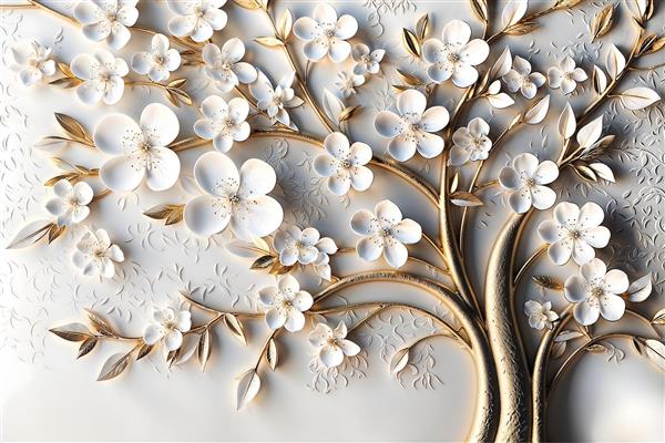 کاغذ دیواری سه بعدی شکوفه‌های سپید و شاخه‌های طلایی با بافت چرمی برای دیوار اتاق خواب و نشیمن