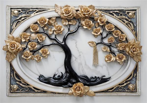 قاب دکوراتیو طرح درخت با گل‌های رز طلایی روی سنگ مرمر سفید ویژه لابی ساختمان و پشت کاناپه