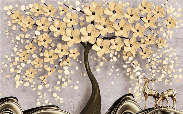 پوستر دیواری سه بعدی درخت آرزوها با شکوفه‌های طلایی و غزال‌های مفرغی برای دکوراسیون سالن پذیرایی