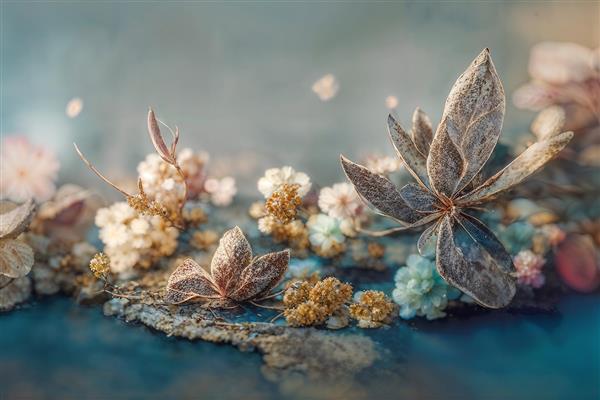 تصویر رویایی شکوفه‌های کریستالی با تم رنگی یخی و طلایی ویژه پوستر دیواری پشت تخت خواب و لابی هتل