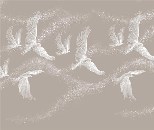 الگوی مینیمال پرندگان در حال پرواز سفید روی پس‌زمینه نسکافه‌ای برای کاغذ دیواری اتاق خواب و مهدکودک