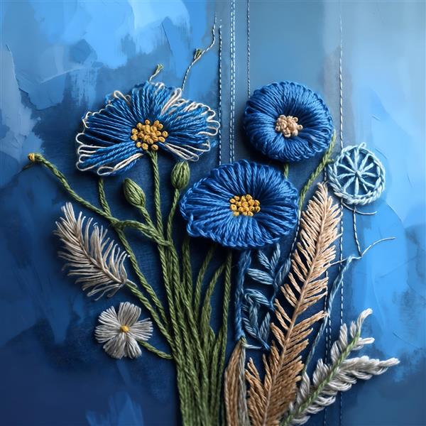 تصویر هنری گل‌های گلدوزی شده آبی روی زمینه سرمه‌ای مناسب چاپ پارچه، روتختی و قاب دکوراتیو اتاق خواب