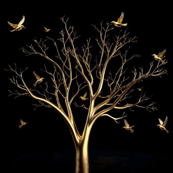 طرح درخت طلایی با پرندگان در حال پرواز در پس‌زمینه مشکی برای پوستر دیواری لوکس پذیرایی و پشت تخت