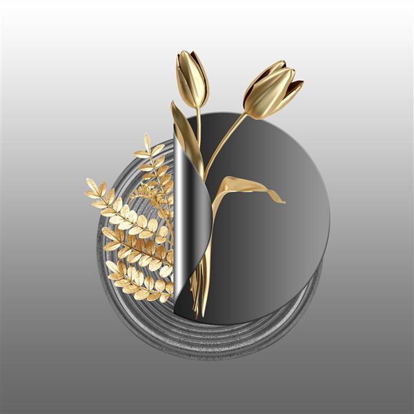 آیکون گرافیکی مدرن گل‌های لاله طلایی و دایره مشکی ویژه چاپ روی ماگ، تیشرت و تابلوهای دکوراتیو مینیمال