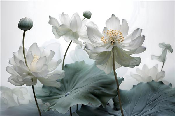 طرح نقاشی نیلوفر آبی سفید (لوتوس) با برگ‌های سبز دودی برای پوستر دیواری آرامش‌بخش اتاق خواب و اسپا