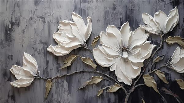 نقاشی رنگ روغن گل‌های سفید مگنولیا با بافت برجسته روی پس‌زمینه طوسی برای دکوراسیون مدرن و مینیمال