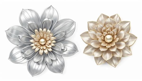 گل‌های دکوراتیو متالیک نقره‌ای و بژ با مرکز مرواریدی برای پوستر دیواری سه بعدی تالارها و اتاق خواب لوکس