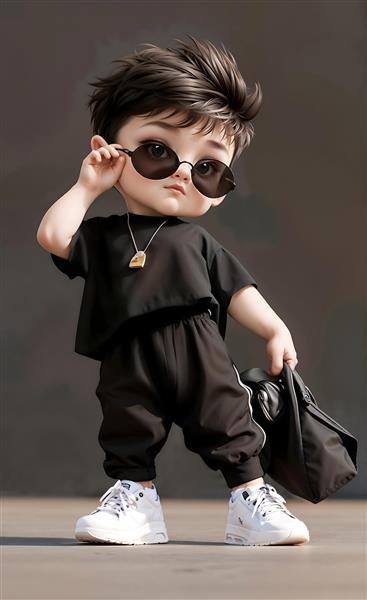 کاراکتر سه بعدی کودک با استایل هیپ هاپ مشکی و عینک دودی برای پوستر دیواری اتاق کودک پسرانه و فروشگاه سیسمونی