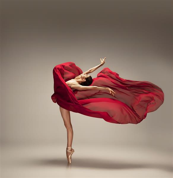 رقصنده باله با پارچه حریر قرمز در حال حرکت داینامیک مناسب پوستر دیواری سه بعدی آکادمی رقص و دکوراسیون مدرن پذیرایی