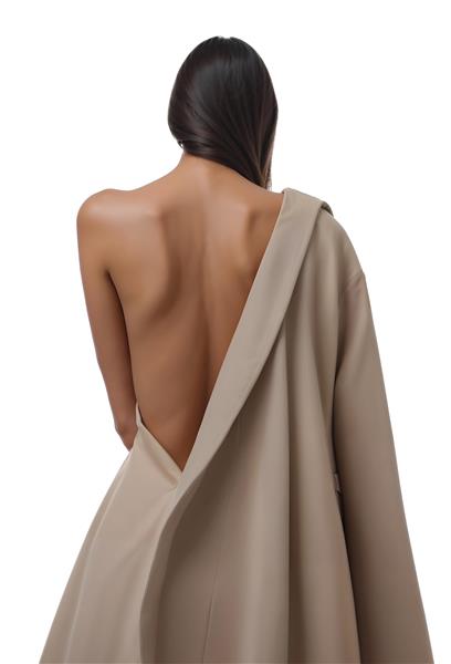 عکس هنری و انتزاعی از پشت بدن زن با کت کرم برای پوستر دیواری مینیمال اتاق خواب و سالن‌های تخصصی ماساژ و زیبایی