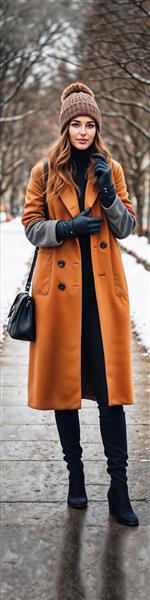 تصویر مدلینگ زن در خیابان برفی با پالتوی نارنجی و دستکش چرمی مناسب پوستر دیواری زمستانی برای دکوراسیون بوتیک و کافه