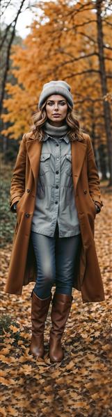 مدل لباس پاییزی زنانه در جنگل با پالتوی قهوه‌ای و کلاه مناسب برای چاپ روی بنرهای تبلیغاتی فشن و پوستر دیواری فروشگاه پوشاک