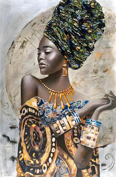 نقاشی مدرن زن آفریقایی با سربند سنتی و اکسسوری‌های طلایی مناسب پوستر دیواری هنری و سالن‌های زیبایی و گالری‌های هنری