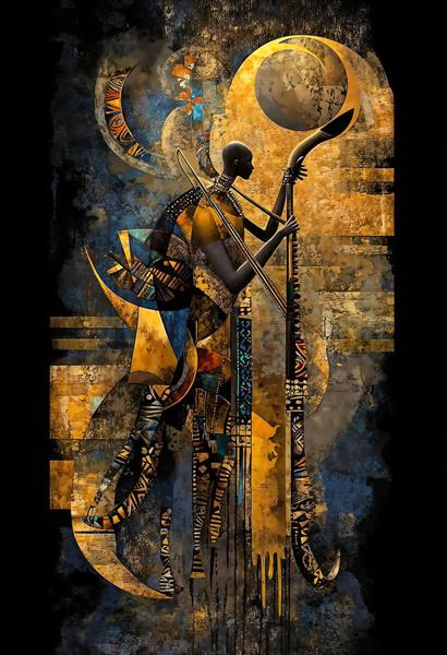 تابلو دکوراتیو مدرن با طرح انتزاعی آفریقایی و رنگ‌های طلایی و مشکی مناسب دکوراسیون داخلی اداری و هتل برای چاپ روی پوستر دیواری و بوم