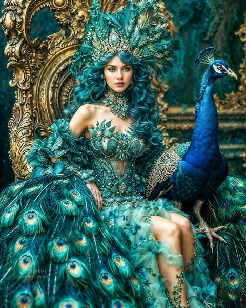 طرح پوستر سه بعدی لاکچری زن در لباس طاووس سبز و آبی خیره کننده ویژه دیوار پذیرایی و لابی هتل مناسب برای پوستر دیواری قدی و پرده چاپی