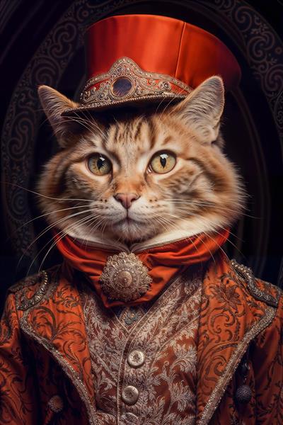 پوستر دیواری فانتزی طرح نقاشی گربه اشرافی با لباس پرنس و کلاه قرمز مناسب اتاق خواب کودک و دکوراسیون کافه برای چاپ روی کوسن و تابلوی دکوراتیو