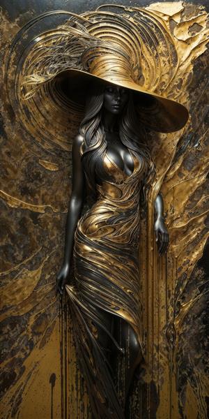 تابلو سه بعدی زن با لباس طلایی مواج و کلاه لبه‌دار بزرگ در زمینه تیره مخصوص لابی هتل و آپارتمان‌های مدرن