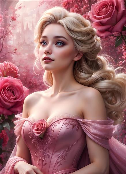 پوستر دیواری رمانتیک پرنسس مو بلوند در میان رزهای صورتی مناسب اتاق خواب دخترانه و دکوراسیون رویایی