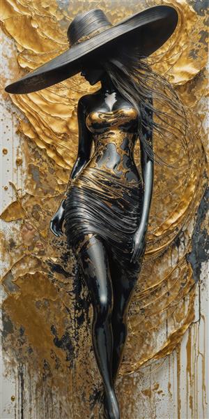 طرح سیاه قلم و طلایی فیگور زن با کلاه برای پوستر دیواری مدرن و مینیمال اتاق نشیمن و محیط‌های هنری