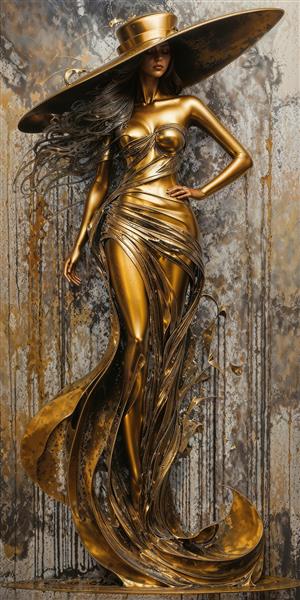 مجسمه هنری زن ایستاده با لباس طلایی و کلاه بزرگ طرح لاکچری برای پوستر دیواری سه بعدی لابی و تالار