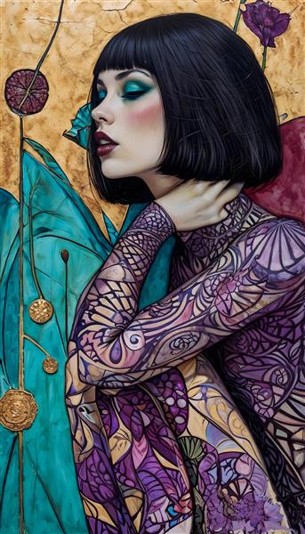 طرح مدرن و فانتزی زن با لباس طرح‌دار بنفش و فیروزه‌ای ویژه چاپ روی تابلو شاسی و دیوارپوش سالن‌های زیبایی