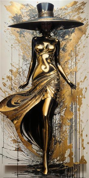 پوستر سه بعدی مدرن فیگور زن سیاه و طلایی با کلاه لبه‌دار بزرگ ویژه دکوراسیون مزون، بوتیک و آرایشگاه‌های زنانه