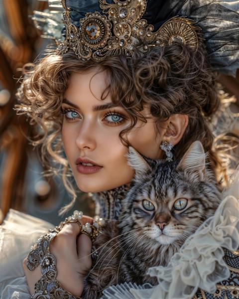 تصویر باکیفیت پرتره ملکه و گربه اشرافی با تاج جواهری برای چاپ روی کوسن، دفترچه و قاب عکس تزئینی اتاق خواب