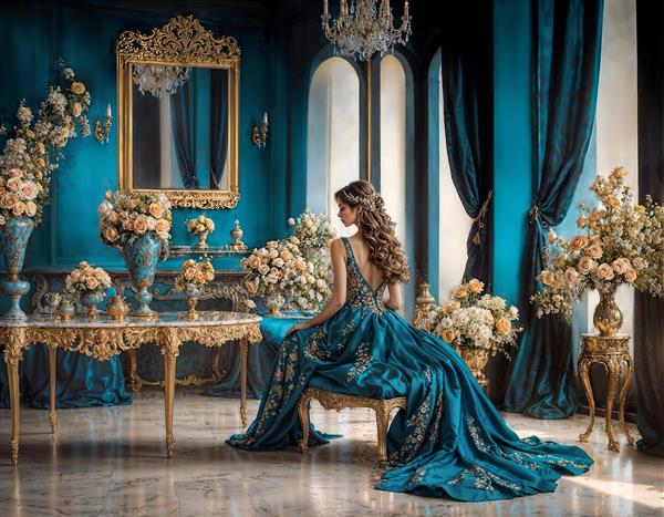 پوستر دیواری کلاسیک اتاق مجلل با تم آبی فیروزه‌ای و طلایی و تصویر بانوی اشرافی مناسب پشت میز پذیرش و سالن تشریفات