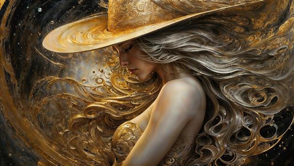 تابلو دکوراتیور مدرن چهره زن با کلاه بزرگ و موهای افشان طلایی در میان گرد و غبار کهکشانی برای لابی هتل و نشیمن