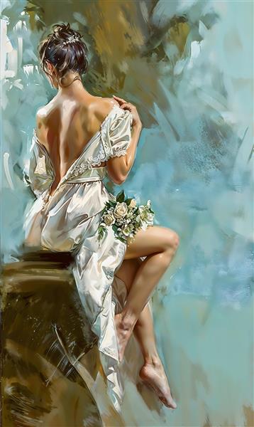 نقاشی رمانتیک زن با لباس حریر در کنار دسته گل رز برای پوستر دیواری اتاق مستر، سالن‌های زیبایی و چاپ روی پرده‌های توری