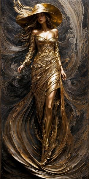 فیگور تمام‌قد زن در لباس طلایی متالیک با کلاه بزرگ برای پوستر دیواری مزون، گالری‌های هنری و دکوراسیون عمودی در راهروهای لوکس