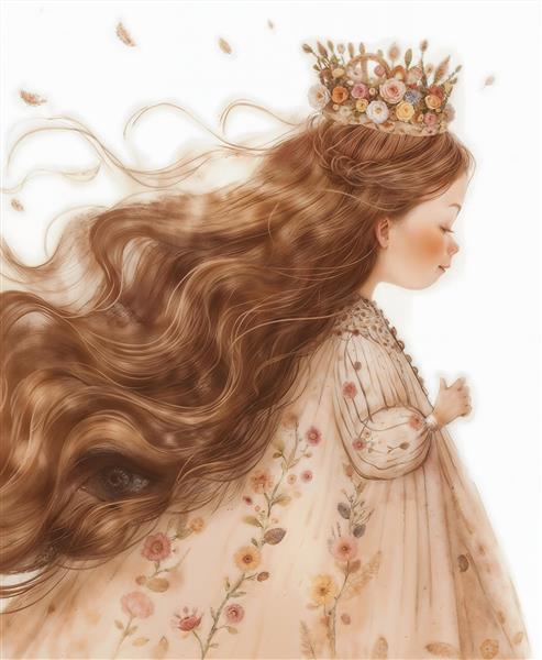تصویر فانتزی ملکه کوچک با موهای بلند و تاج گل مناسب پوستر دیواری اتاق کودک، مهدکودک و چاپ روی جلد دفترچه و وسایل مدرسه