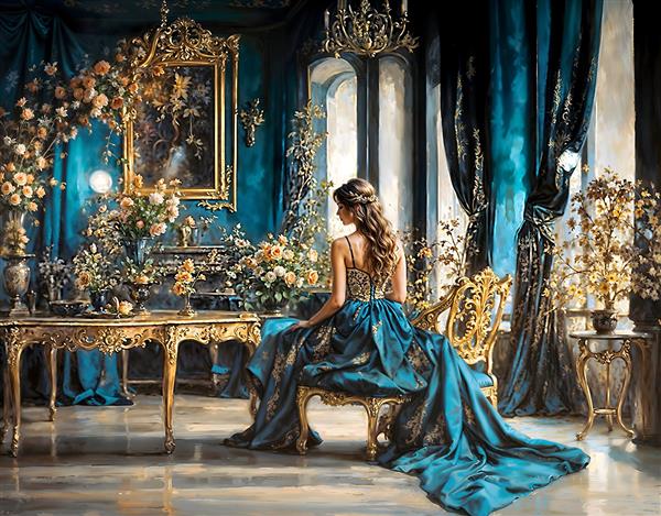 تصویر زن در کاخ اشرافی با لباس آبی مجلل جهت پوستر دیواری عمارت‌های لوکس، تالارهای پذیرایی و اتاق خواب‌های به سبک کلاسیک