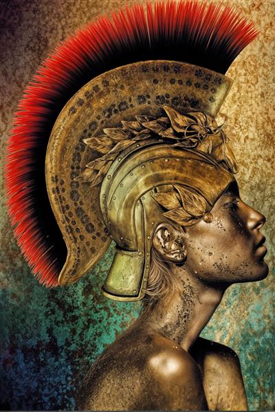 تصویر شوالیه زن با کلاهخود رومی و پرهای قرمز برای پوستر دیواری اتاق گیمینگ، باشگاه‌های ورزشی و دکوراسیون مدرن و حماسی